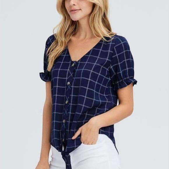 Tops - Cropped Button Down Blouse Navy Blue, Front Tie
